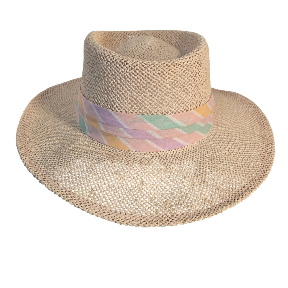 Woven Straw Sun Hat with Pastel Striped Ribbon Band Wide Brim Fedora Style - Picture 3 of 16